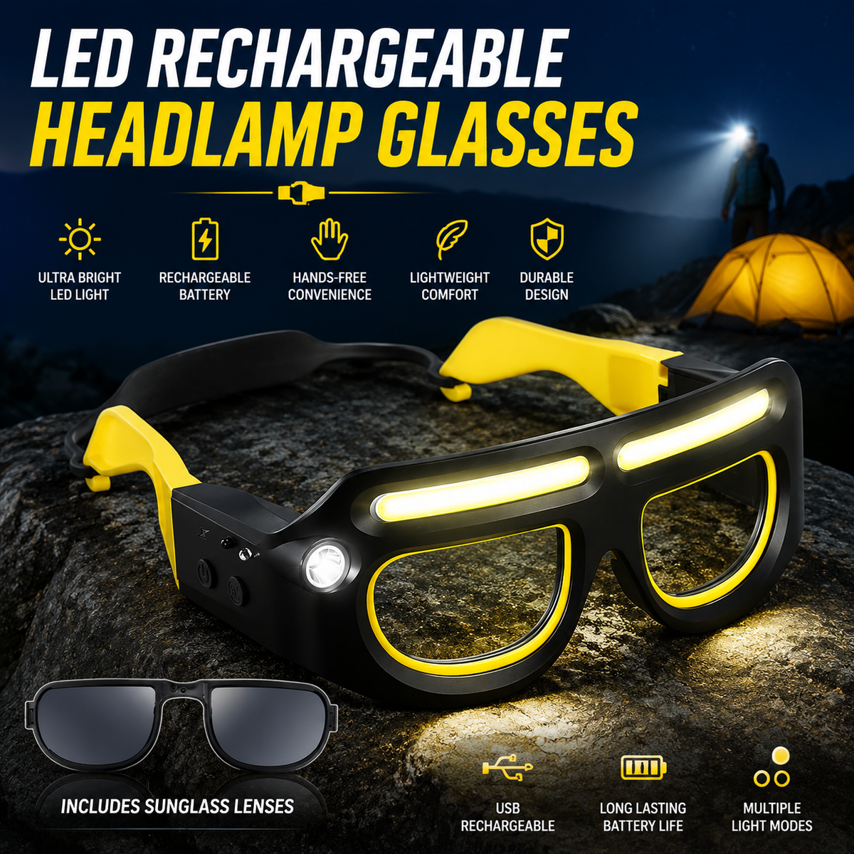 Rechargeable LED Safety Glasses Headlights,Detachable Sunglasses