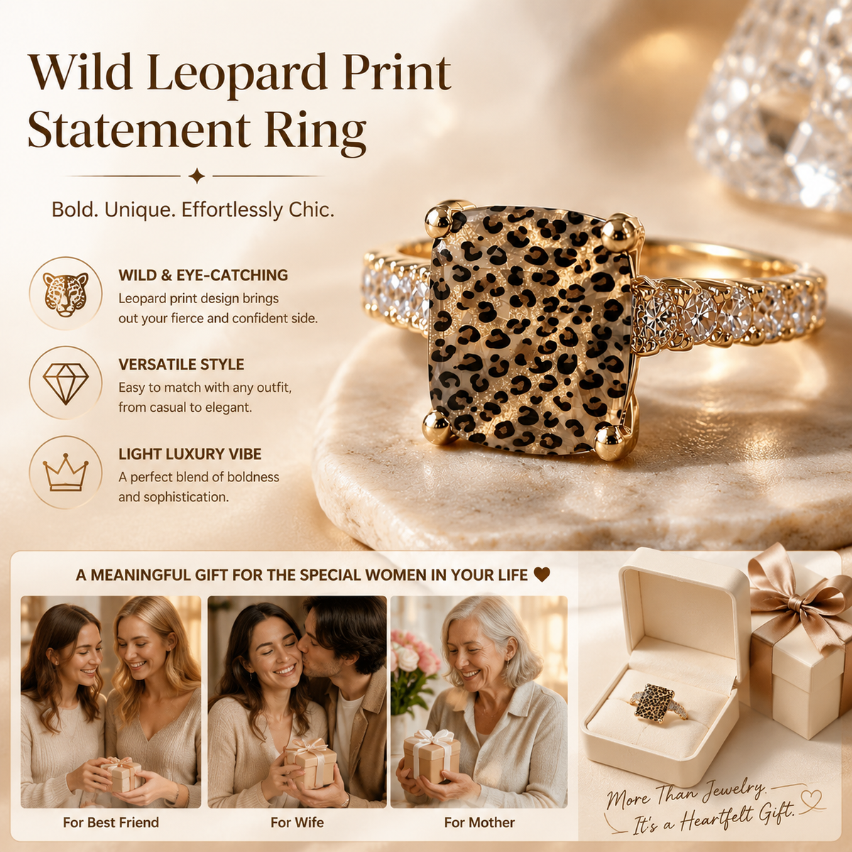 Leopard Print Square Statement Ring, Wild Pattern Design