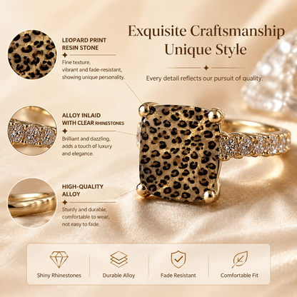 Leopard Print Square Statement Ring, Wild Pattern Design