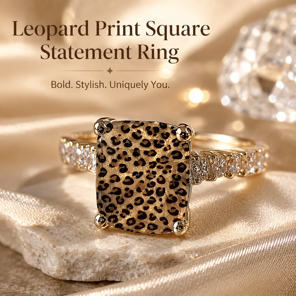 Leopard Print Square Statement Ring, Wild Pattern Design