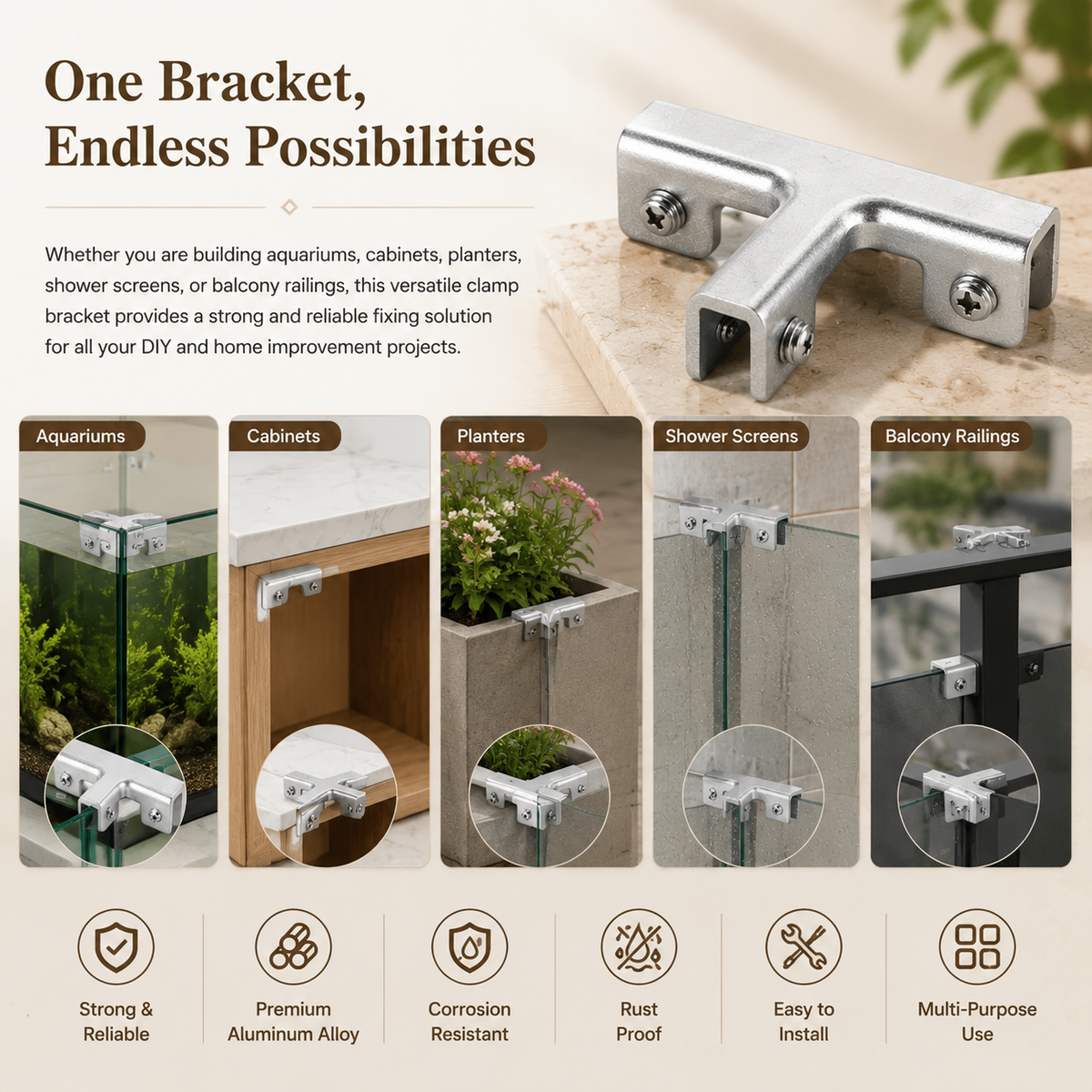 Aluminum Alloy Tile Clamp Bracket, 90/180 Degree Corner Support Holder for 8-10mm Glass/Tile Panel
