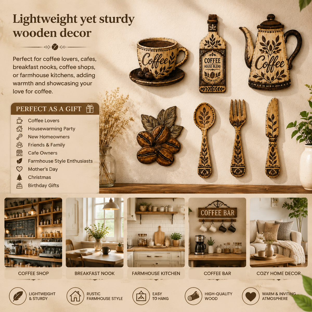 7-Piece Wooden Kitchen Wall Decor Set, Coffee-Themed
