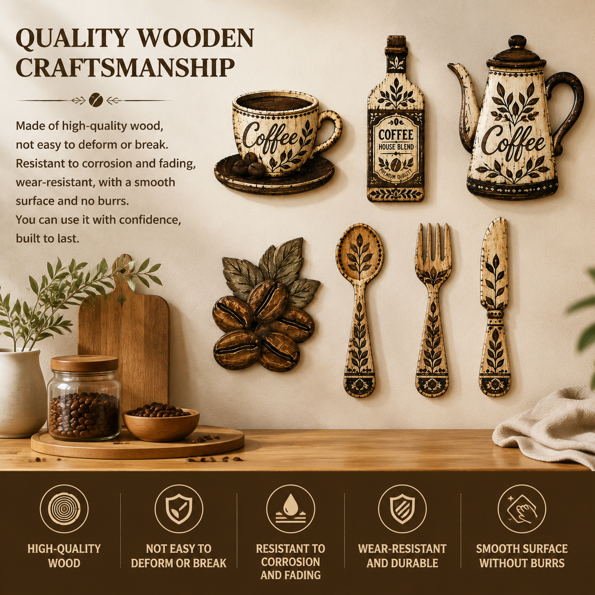 7-Piece Wooden Kitchen Wall Decor Set, Coffee-Themed