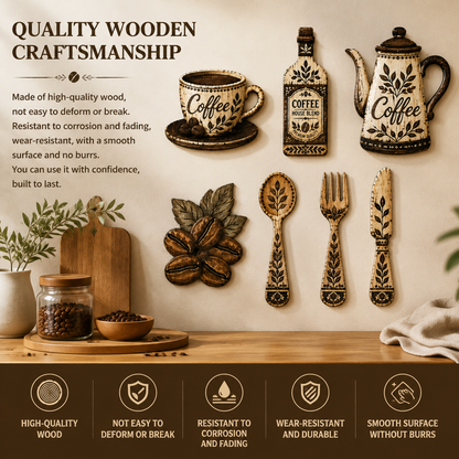 7-Piece Wooden Kitchen Wall Decor Set, Coffee-Themed
