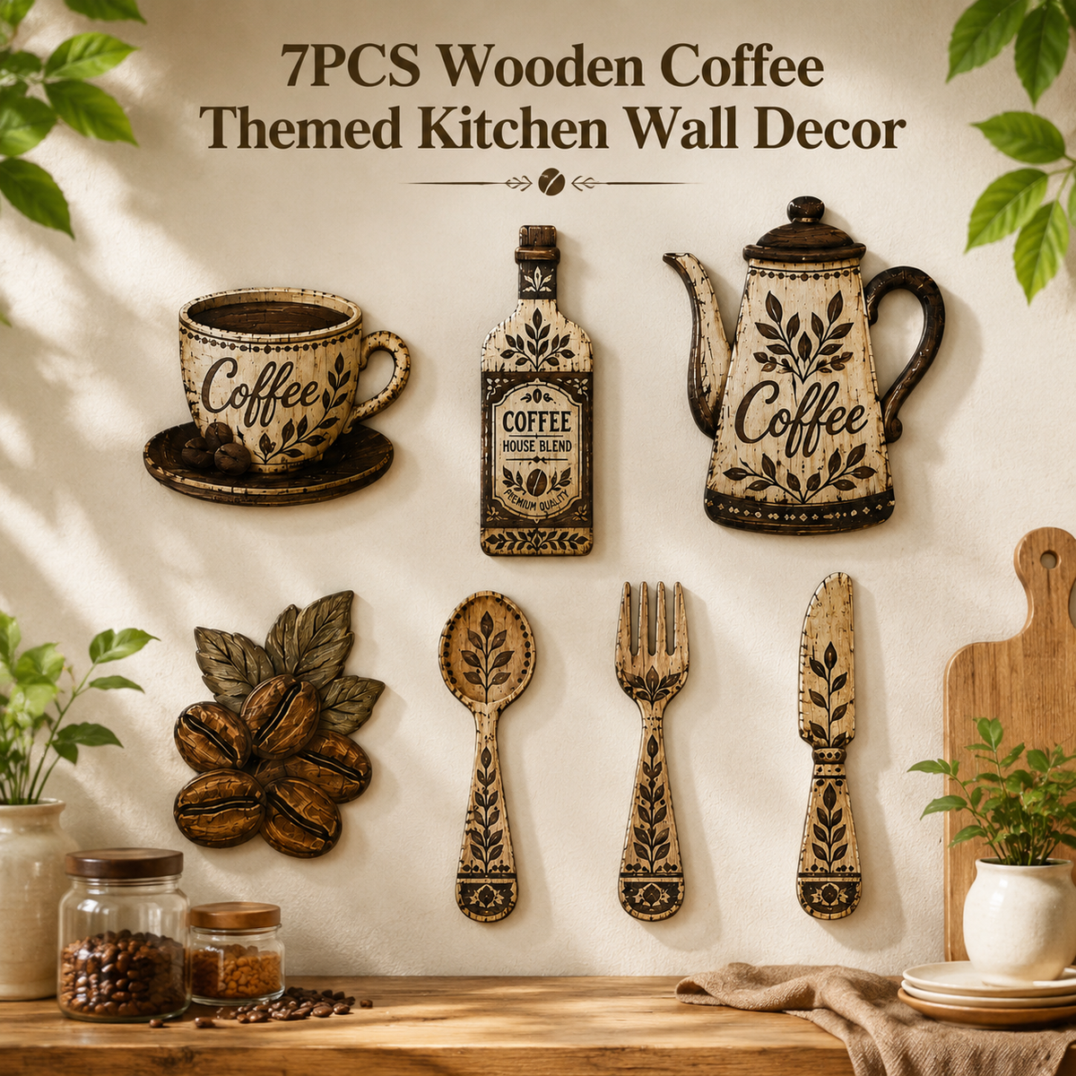 7-Piece Wooden Kitchen Wall Decor Set, Coffee-Themed