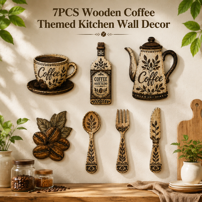 7-Piece Wooden Kitchen Wall Decor Set, Coffee-Themed