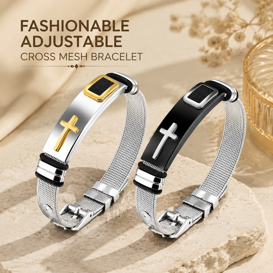 Stylish Adjustable Stainless Steel Mesh Cross-Charm Bracelet