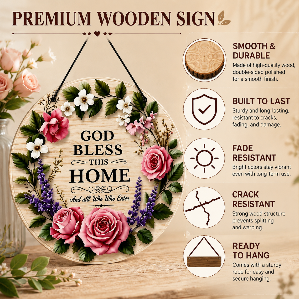 God Bless This Home Floral Round Door Sign