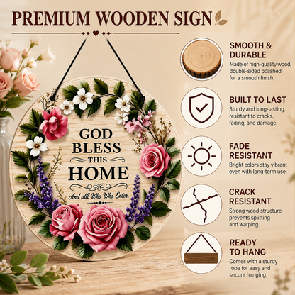God Bless This Home Floral Round Door Sign