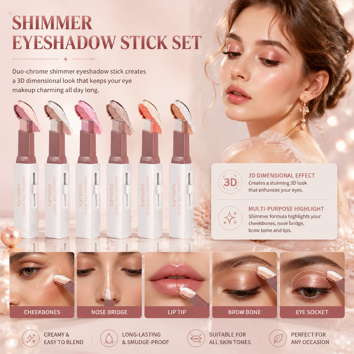 6 Pcs Shimmery Eyeshadow Stick Two Color Eye Glitter Shadow Pencils with Waterproof and Retractable Eye Shadow