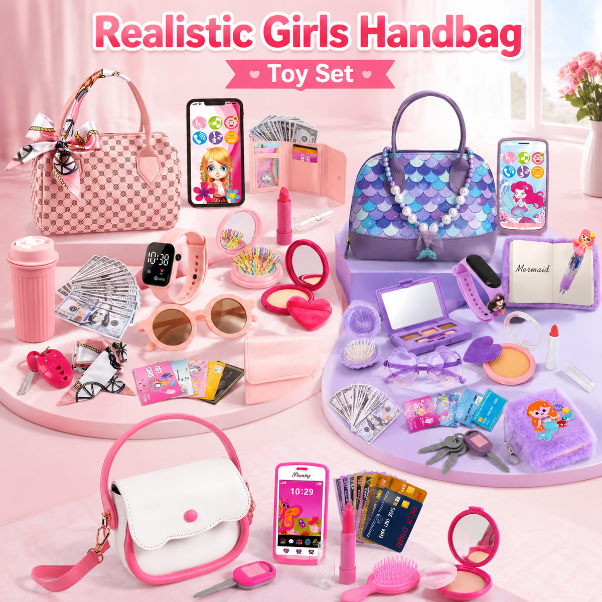 Realistic Girl Handbag Toy Set, Colorful Pretend Play Accessories