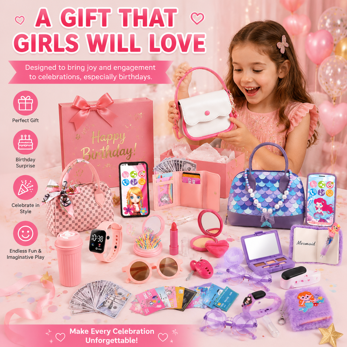 Realistic Girl Handbag Toy Set, Colorful Pretend Play Accessories