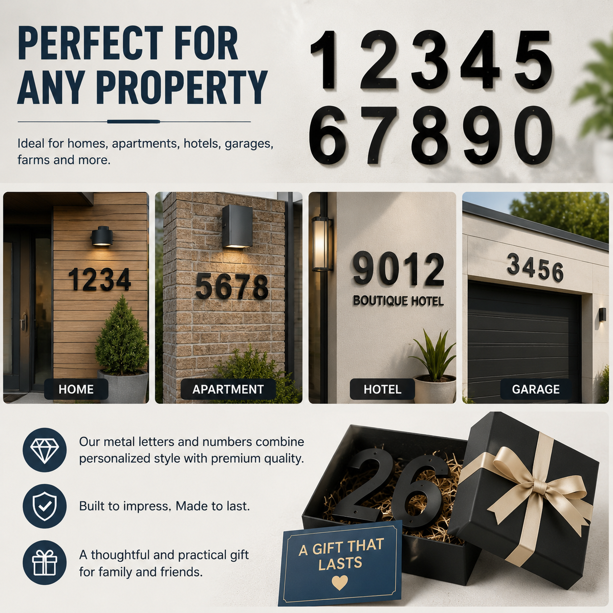 Weather-resistant outdoor metal house numbers