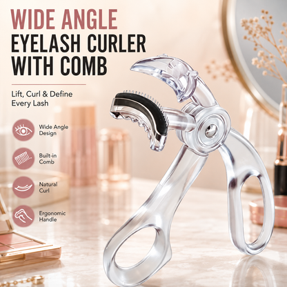 Wide-angle eyelash curler with comb