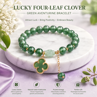 Lucky Four-Leaf Clover Green Aventurine Bracelet - Manifest Wealth & Prosperity Crystal Charm
