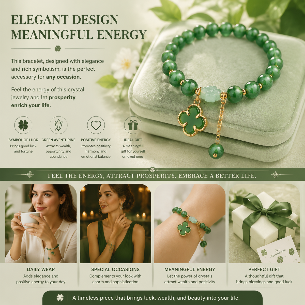 Lucky Four-Leaf Clover Green Aventurine Bracelet - Manifest Wealth & Prosperity Crystal Charm