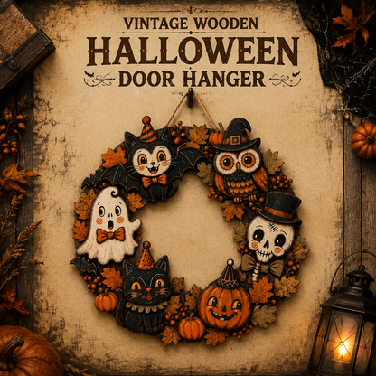 Vintage-style flat wooden Halloween door hanger