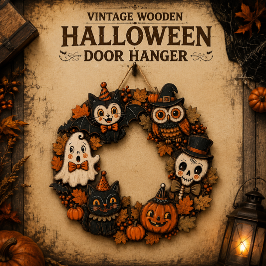 Vintage-style flat wooden Halloween door hanger