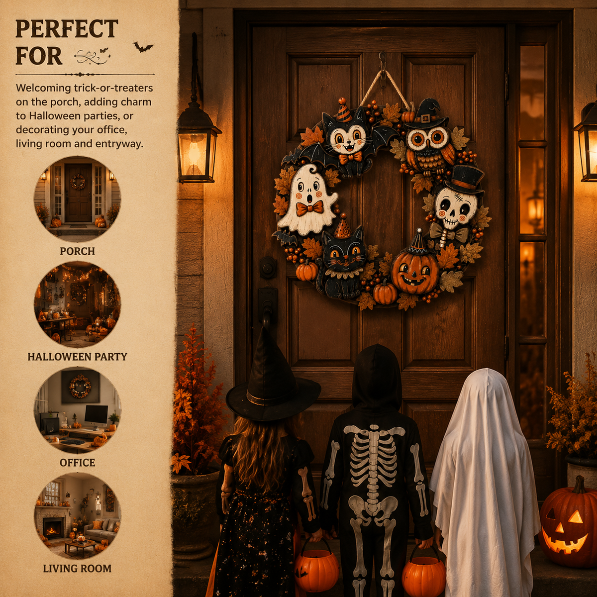 Vintage-style flat wooden Halloween door hanger