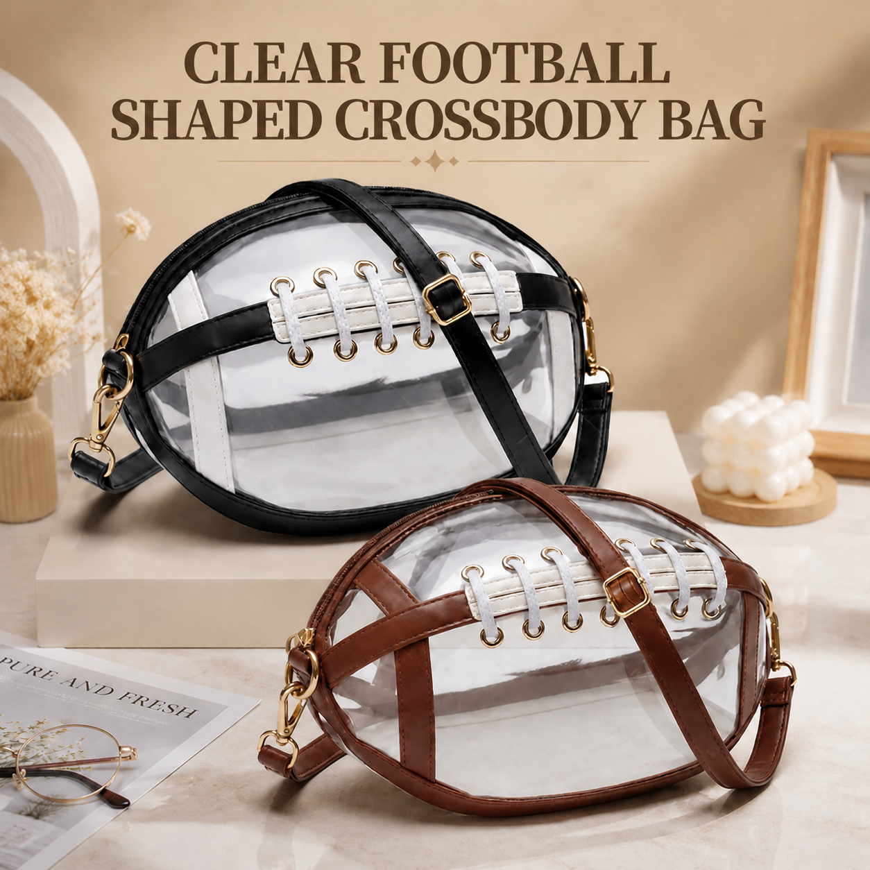 Clear Football-Shaped Crossbody Bag – Stylish Transparent Shoulder Purse