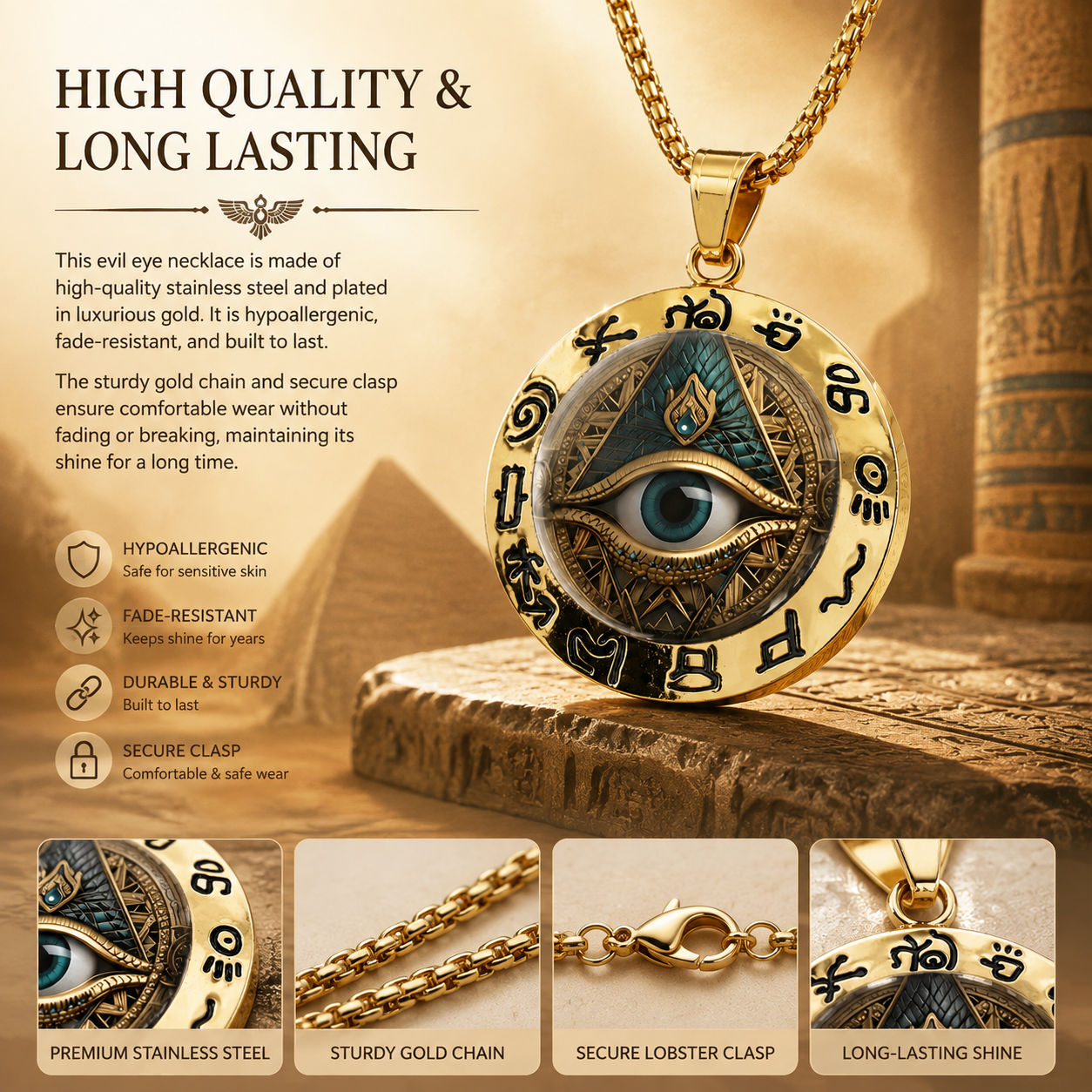 Egyptian Eye Round Glass Pendant Necklace
