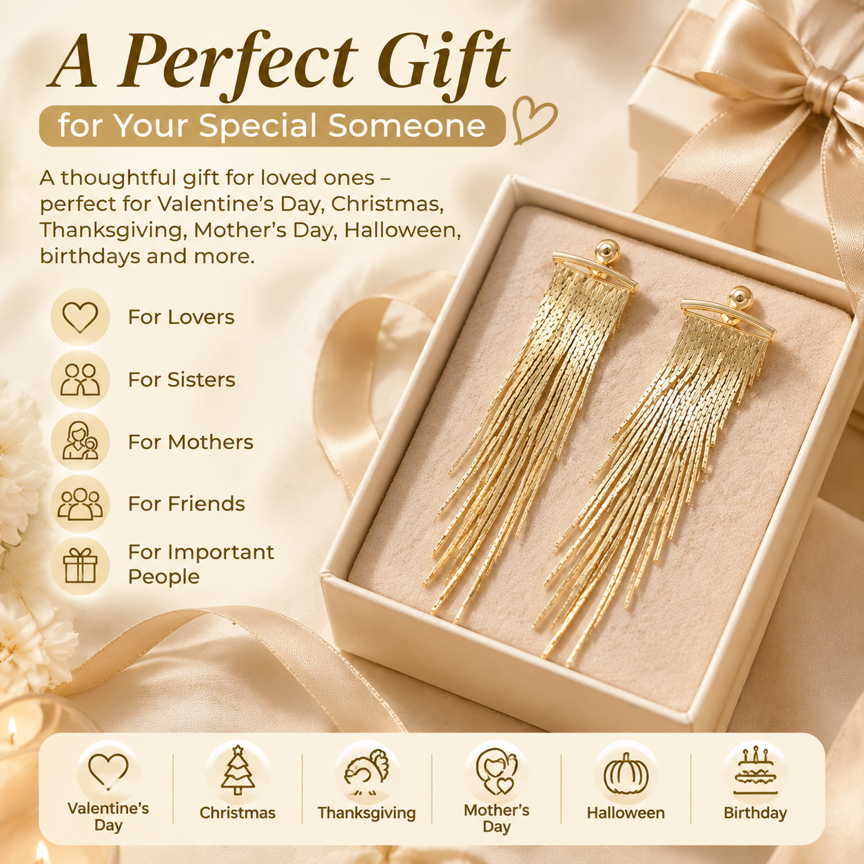 Women's gold tassel pendant earrings