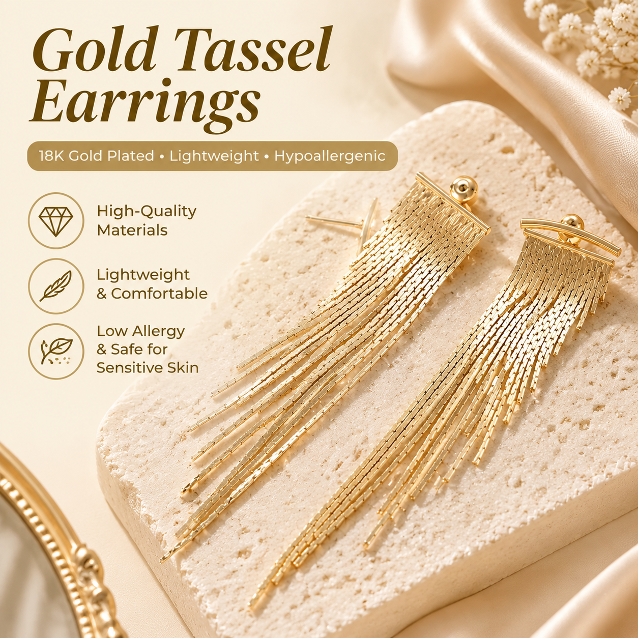 Women's gold tassel pendant earrings