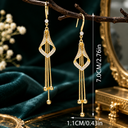 Elegant Korean Fashion Geometric Rhombus Long Tassel Earrings for Women