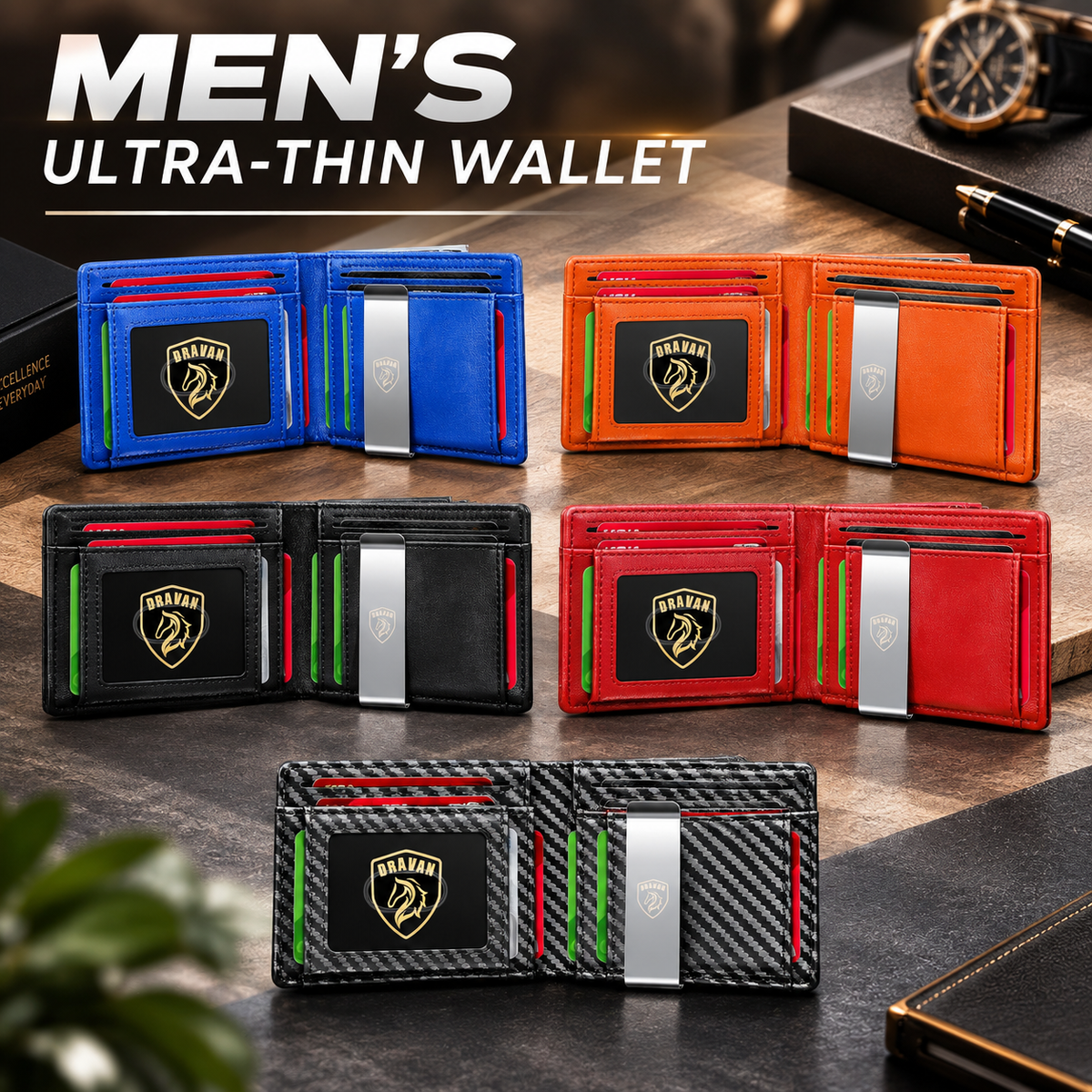 Slim Wallet for Men - Minimalist Genuine Leather Carbon Fiber Rfid Blocking Bifold Credit Card Holder