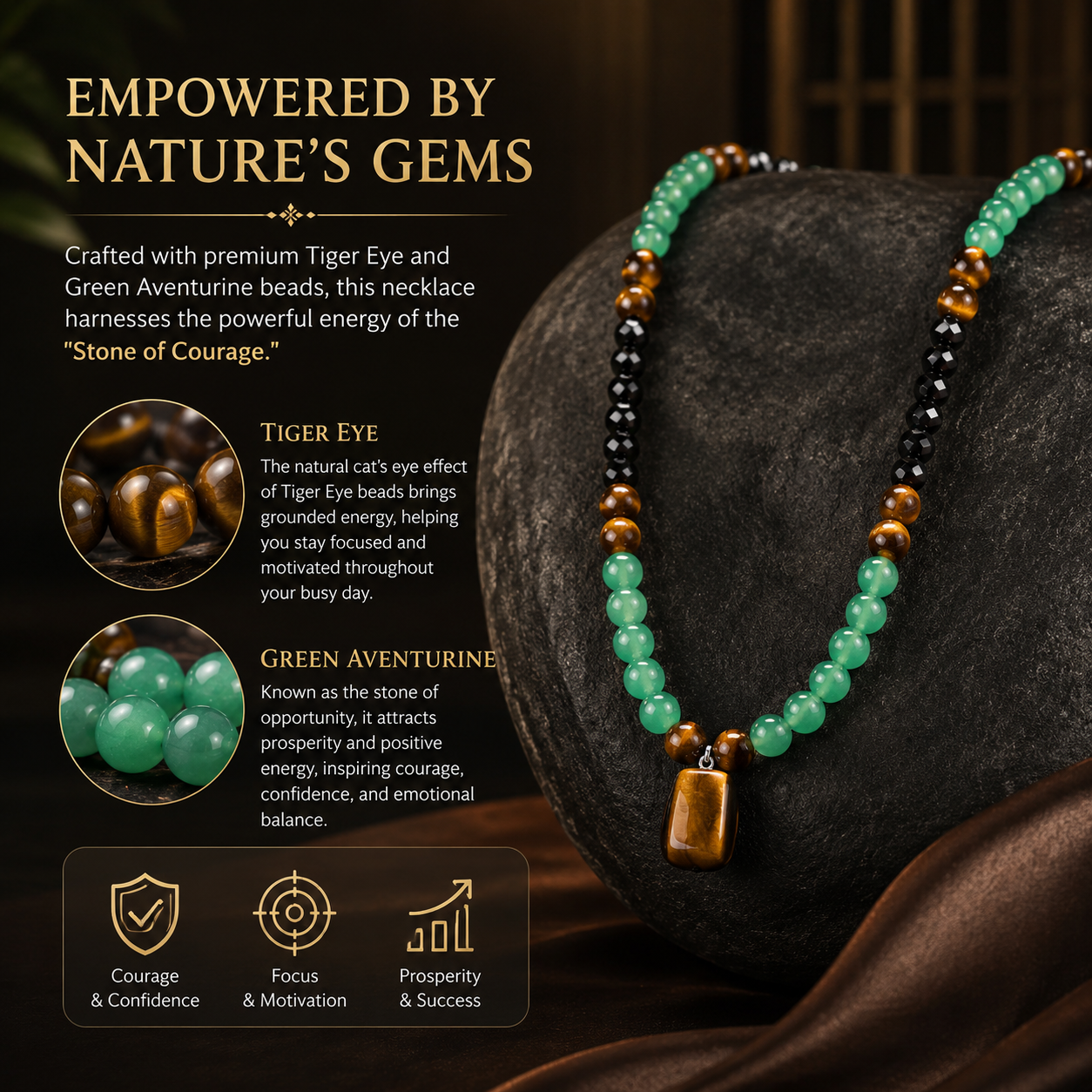 Money Attraction Necklace With Green Aventurine and Tiger Eye Pendant