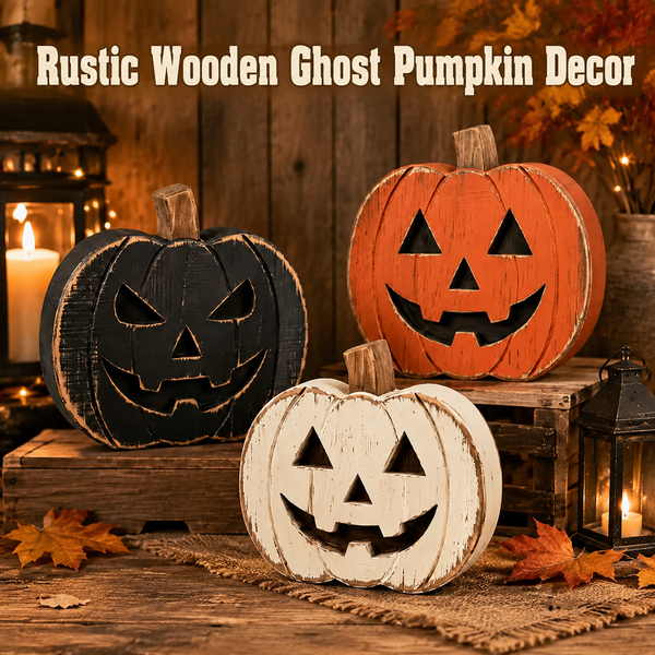 3PCS Rustic-style wooden ghost and pumpkin ornament