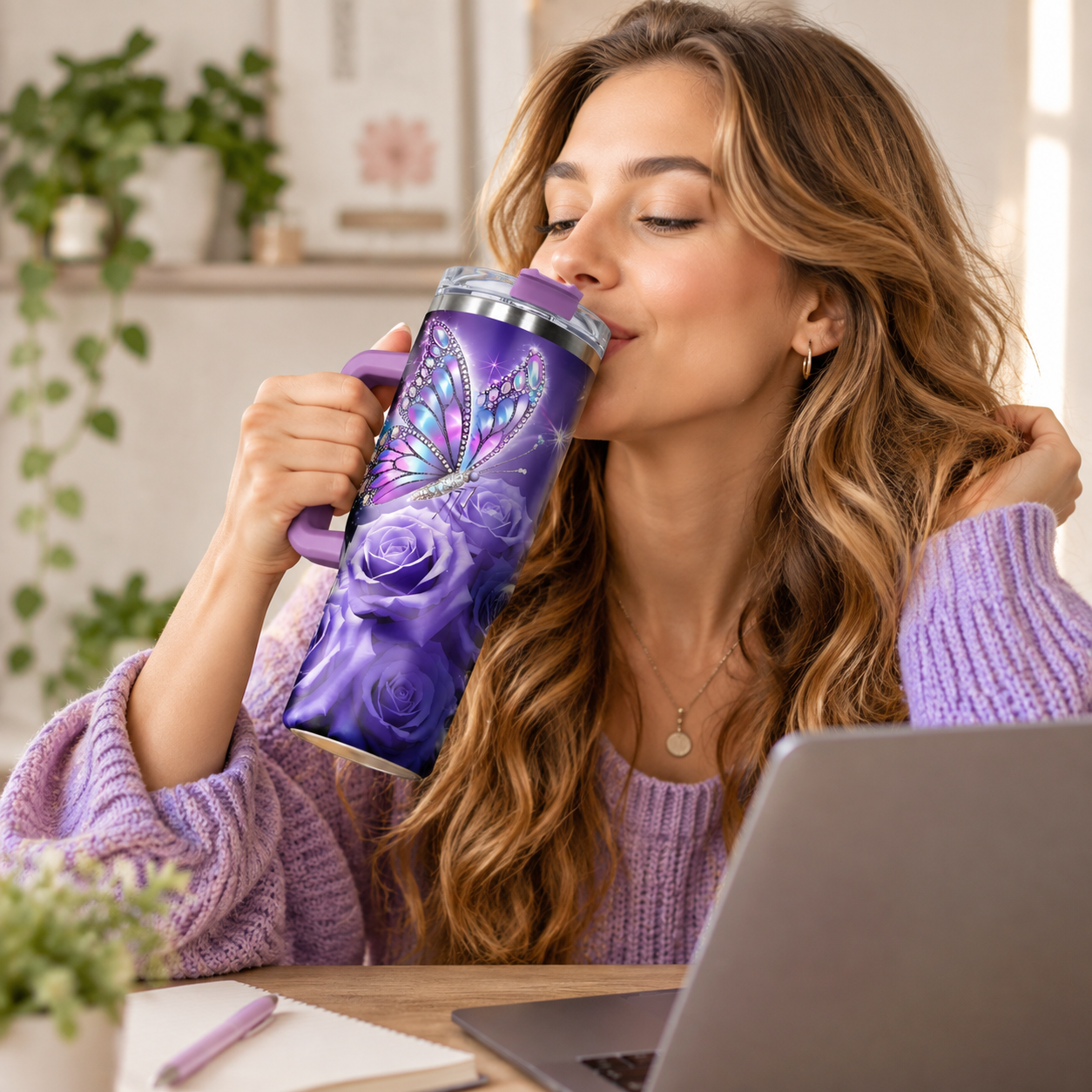 Butterfly & Rose Pattern Tumbler, 40oz Stainless Steel Insulated Travel Tumbler with Lid