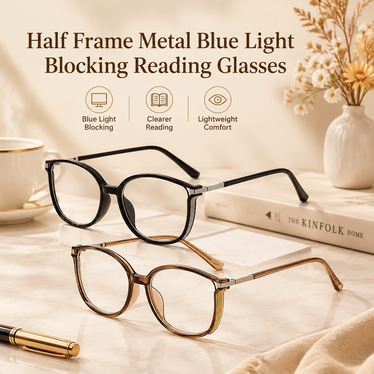 Semi-rimless metal blue-light-blocking reading glasses