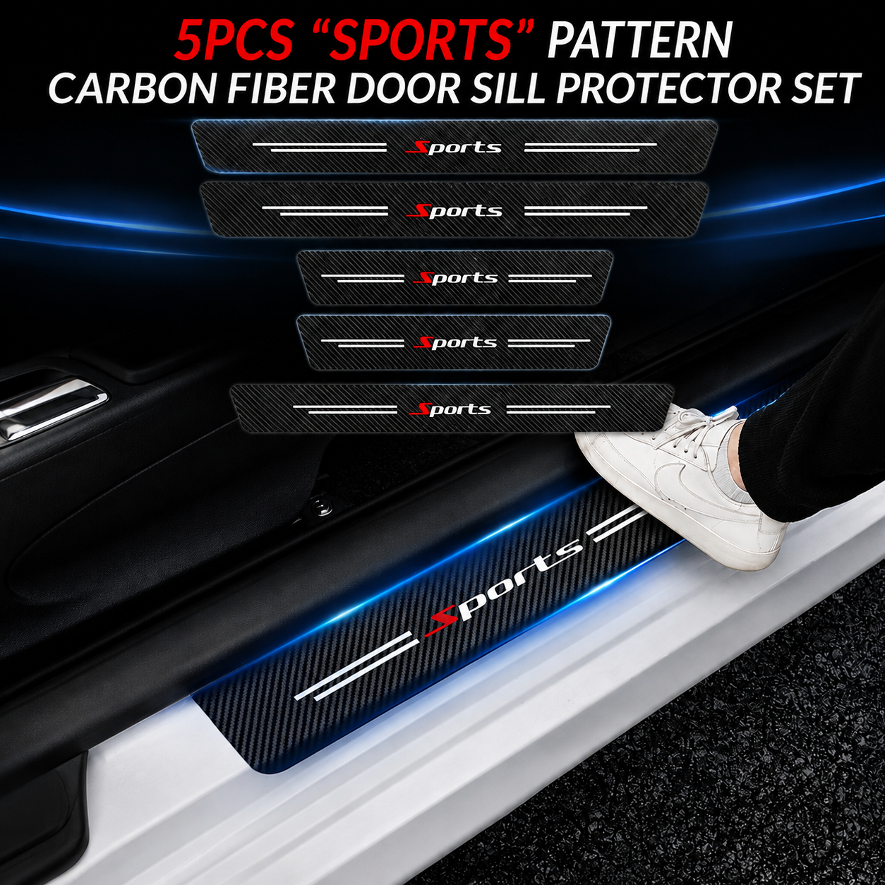 5-Piece "Sports" Pattern Carbon Fiber Door Sill Protection Strip Set