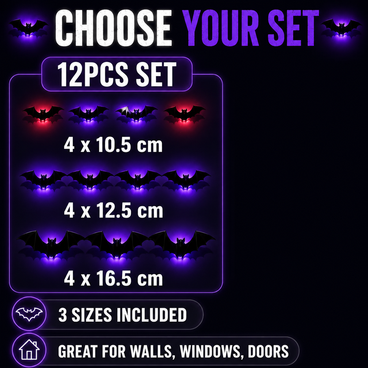 12PCS 3D Bat Light LED Decorations, 12pcs Halloween Spooky Ornaments
