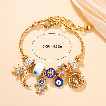 Celestial Charm Bracelet for Women | Moon, Hamsa Hand, Evil Eye & Tree of Life Charms