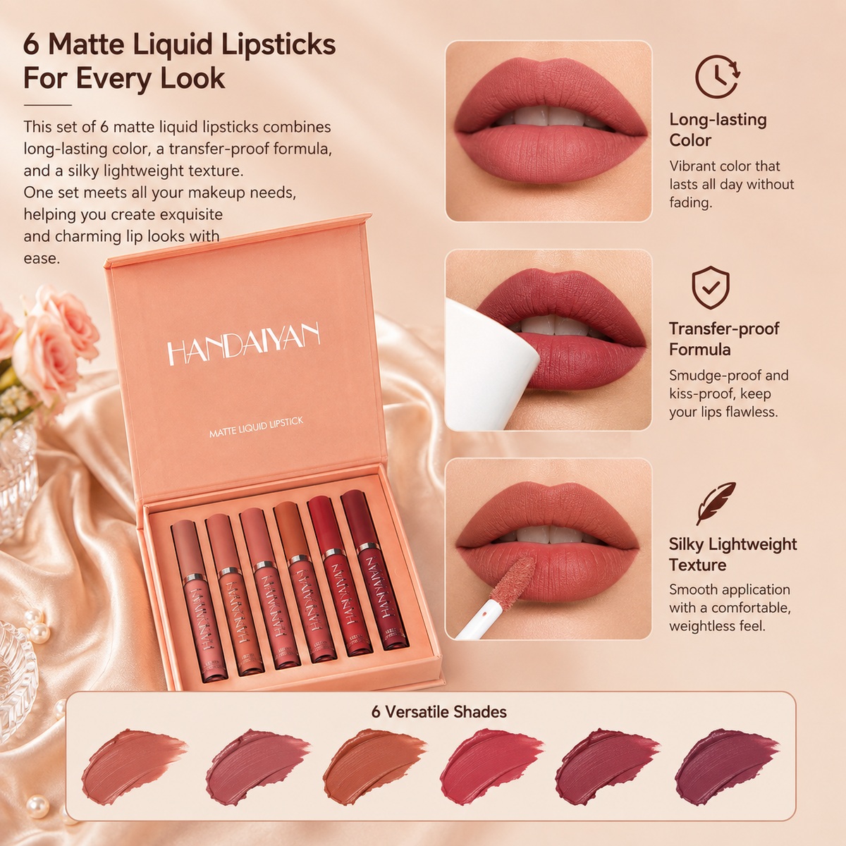 6Pcs Matte Liquid Lipstick Makeup Set - Matte liquid Long-Lasting Wear Non-Stick Cup Not Fade Waterproof Lip Gloss