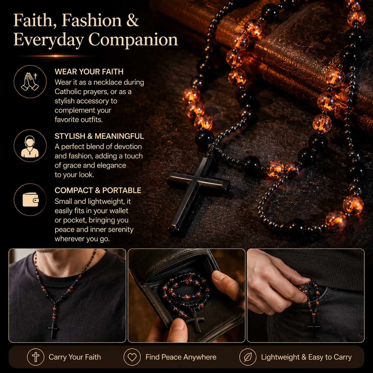 UV Reactive Yooperlite Rosary Necklace with Natural Obsidian Healing Crystal