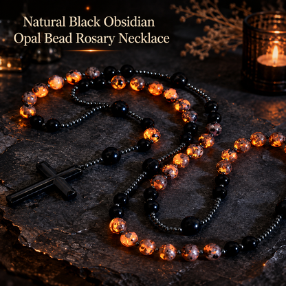 UV Reactive Yooperlite Rosary Necklace with Natural Obsidian Healing Crystal