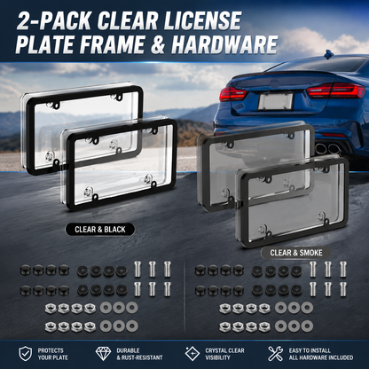 2 Pcs Clear Automotive License Plate Cover and Frame with Screws