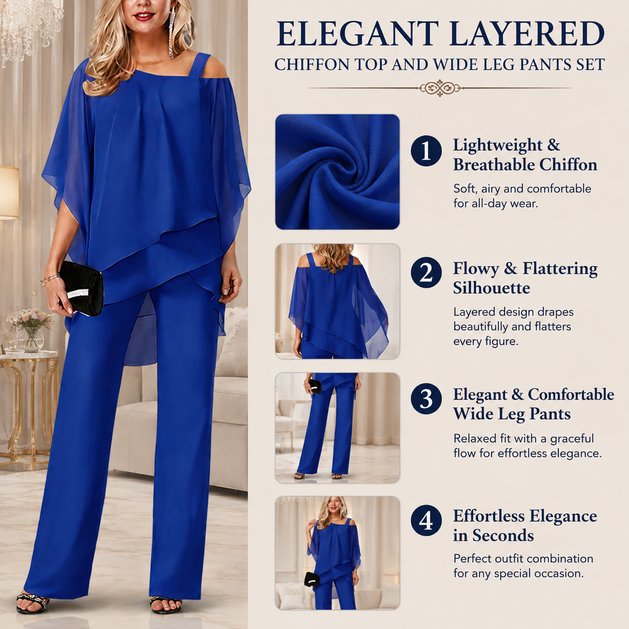 Elegant layered chiffon top and wide-leg trousers set
