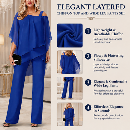 Elegant layered chiffon top and wide-leg trousers set