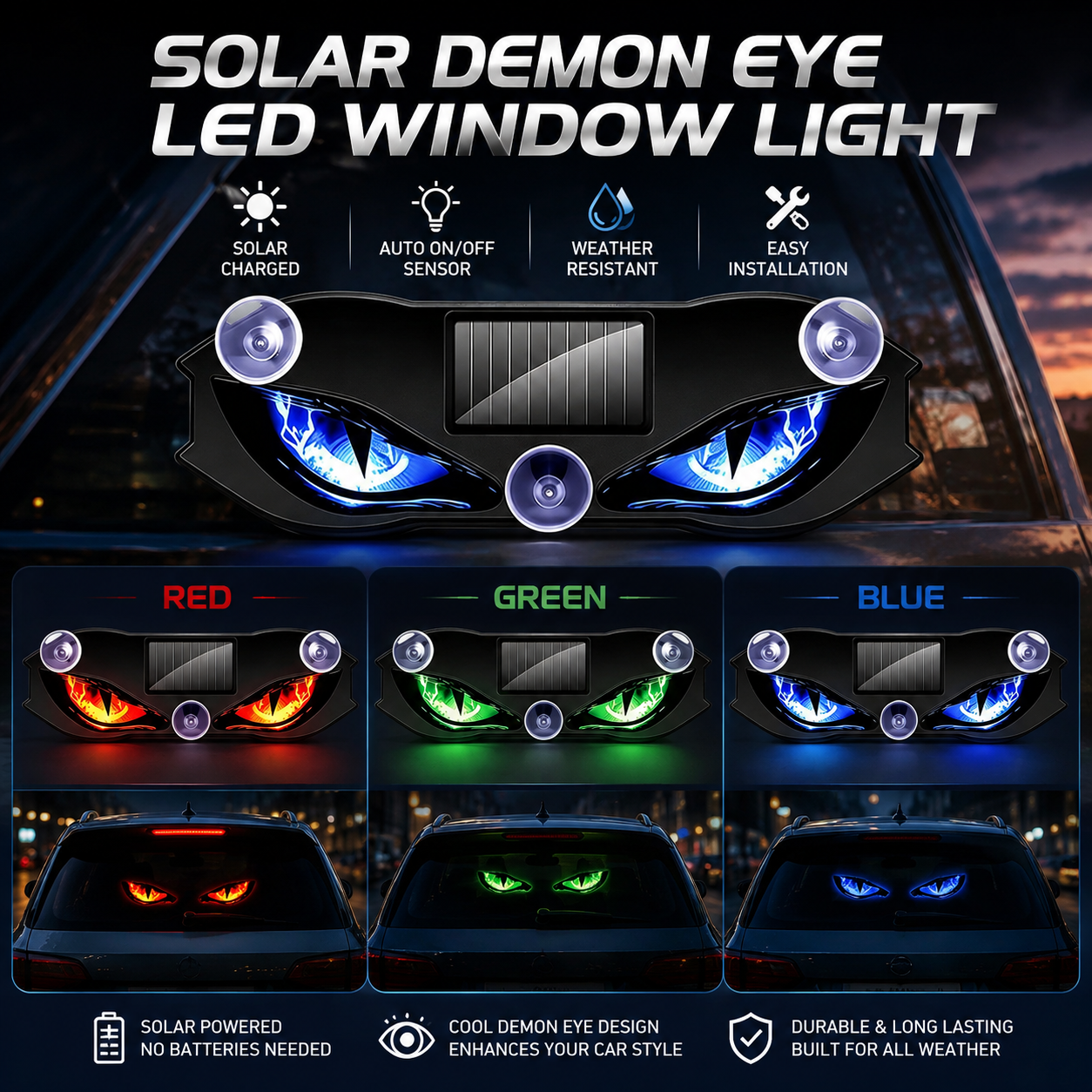 Solar Demon Eye LED Car Window Light, Wireless Demon Eyes Windshield Warning Lamp