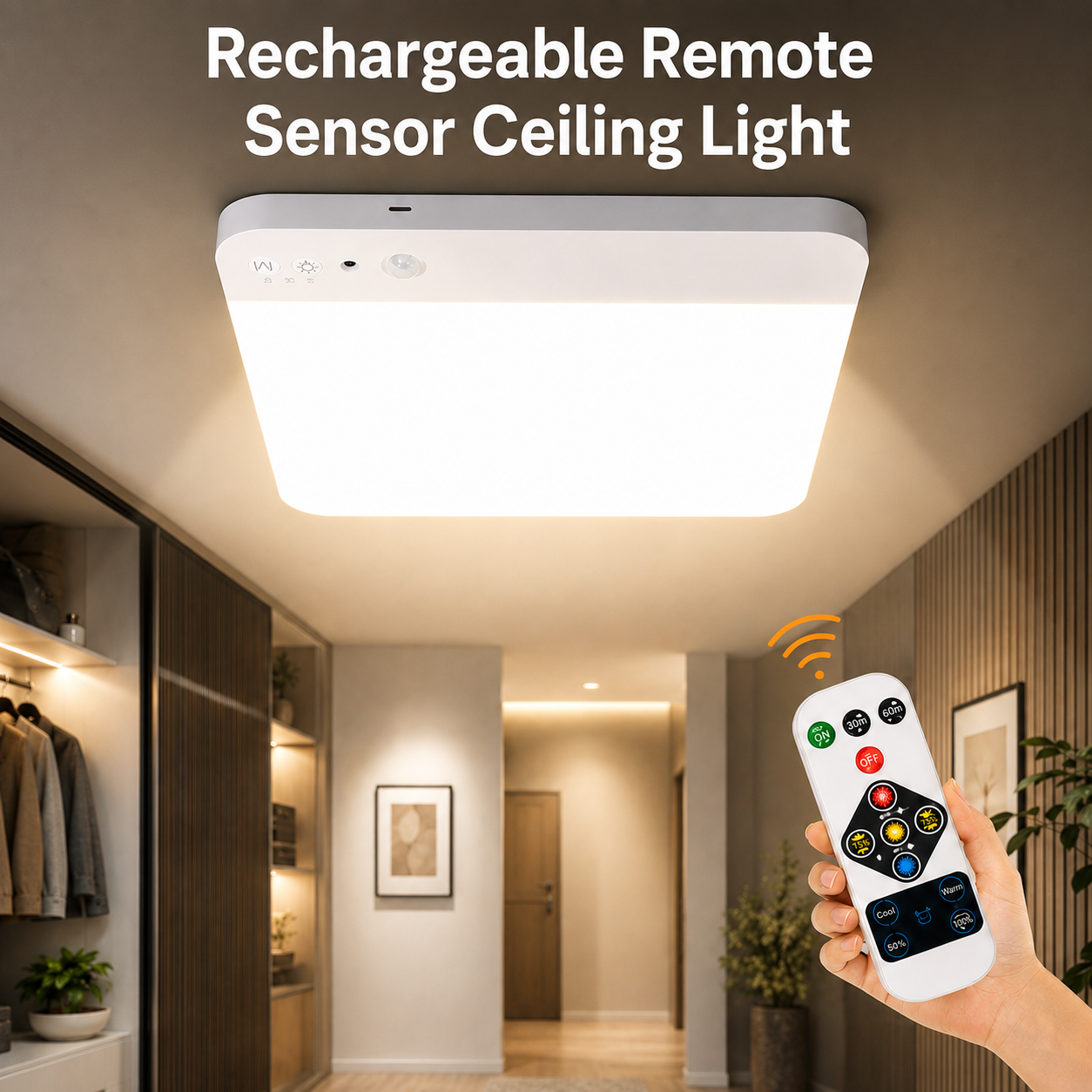 Rechargeable Remote-Controlled Motion-Sensing Ceiling Light