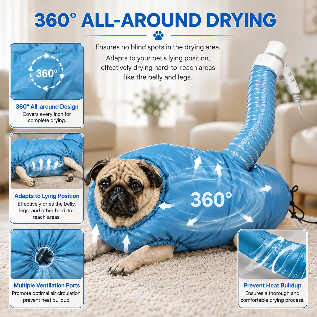 Dog Drying Bag – 360° Air Circulation Grooming Quick Dry Pet Hair Drying Suit for Small