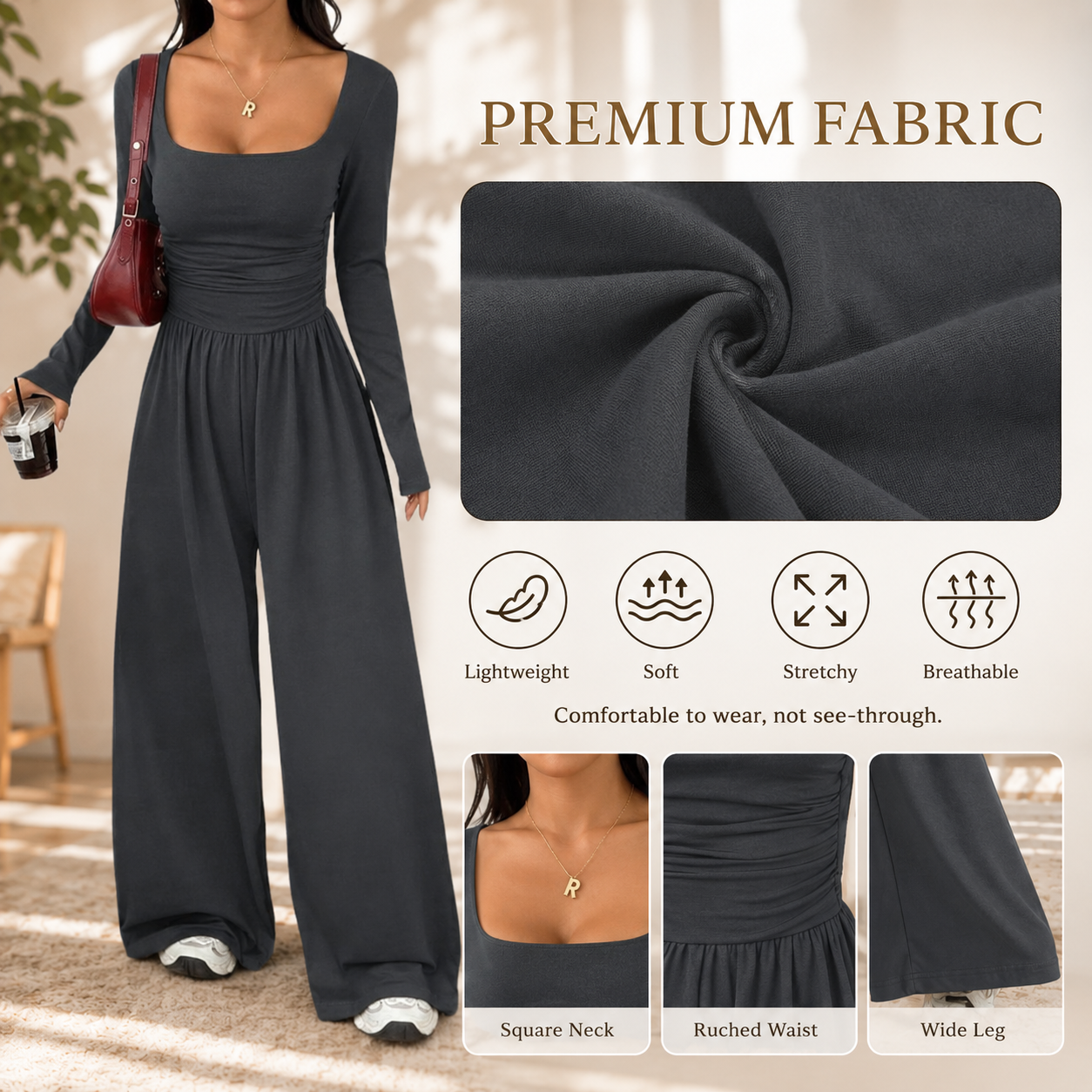 Womens Square Neck Long Sleeve Jumpsuit Ruched Wide Leg Outfits