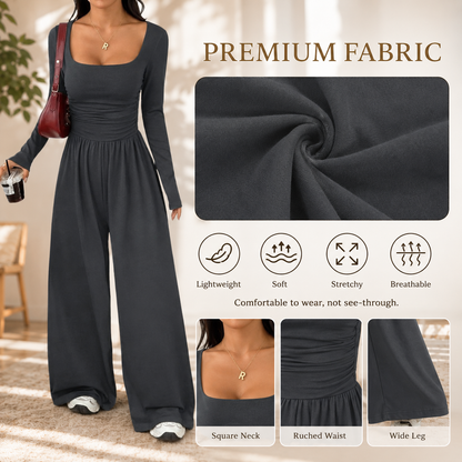 Womens Square Neck Long Sleeve Jumpsuit Ruched Wide Leg Outfits