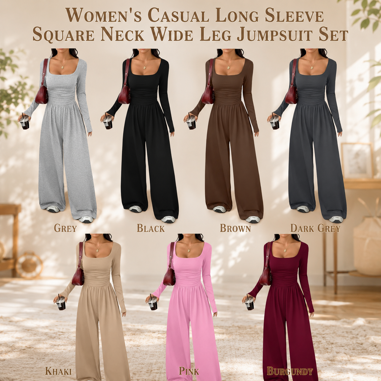 Womens Square Neck Long Sleeve Jumpsuit Ruched Wide Leg Outfits