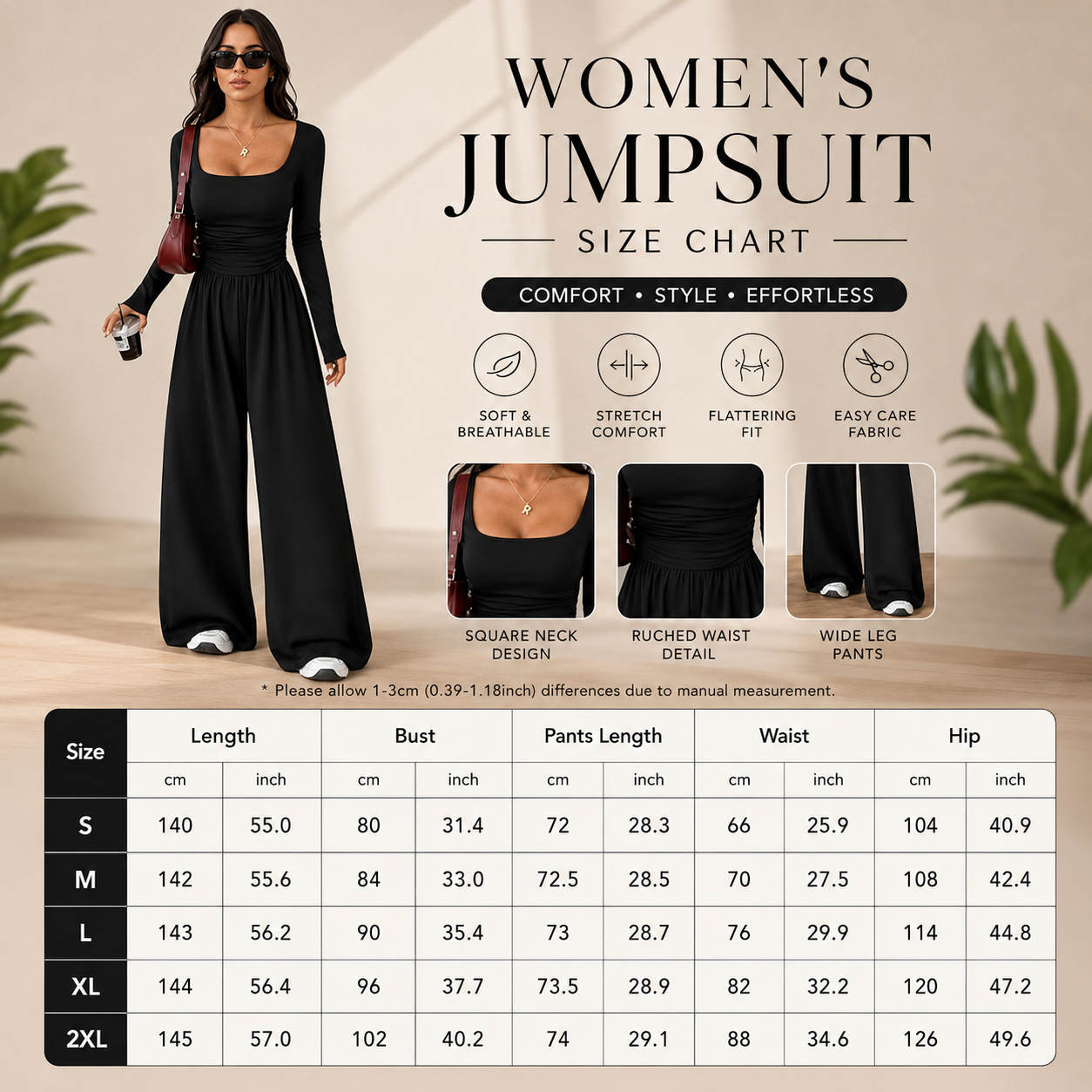 Womens Square Neck Long Sleeve Jumpsuit Ruched Wide Leg Outfits