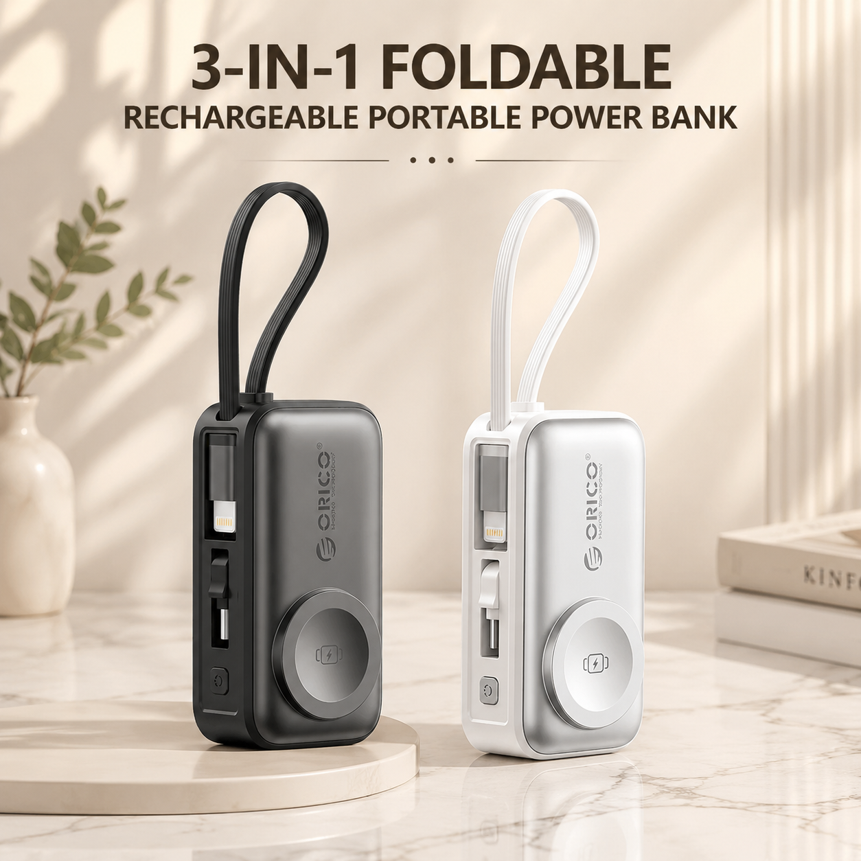 3-in-1 Folding Chargeable Portable Power Bank with Integrated Cable